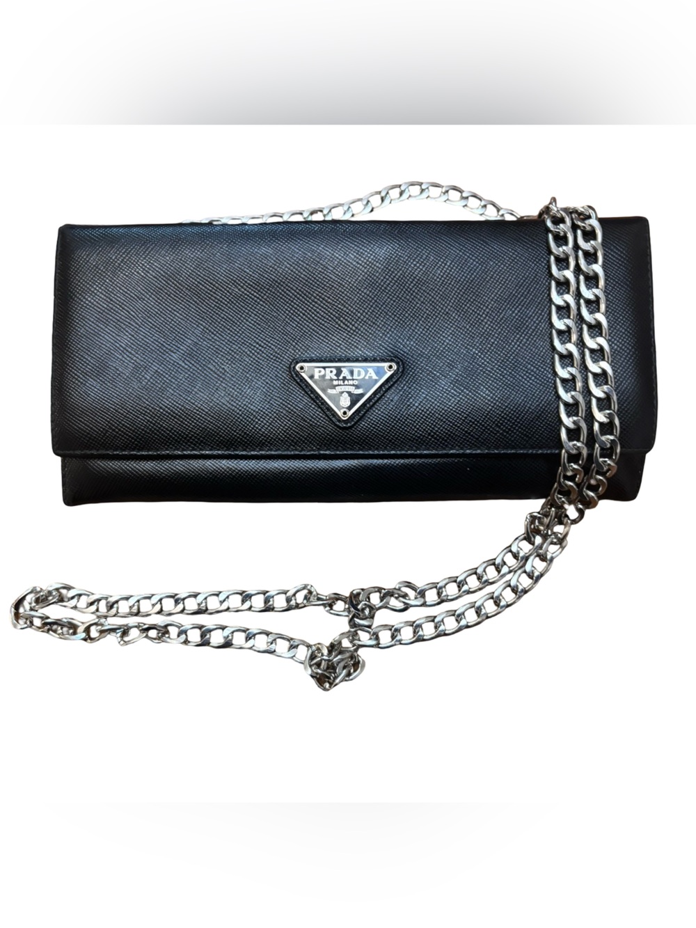 Authentic PRADA Black Saffiano Leather Wallet with Aftermarket Chain